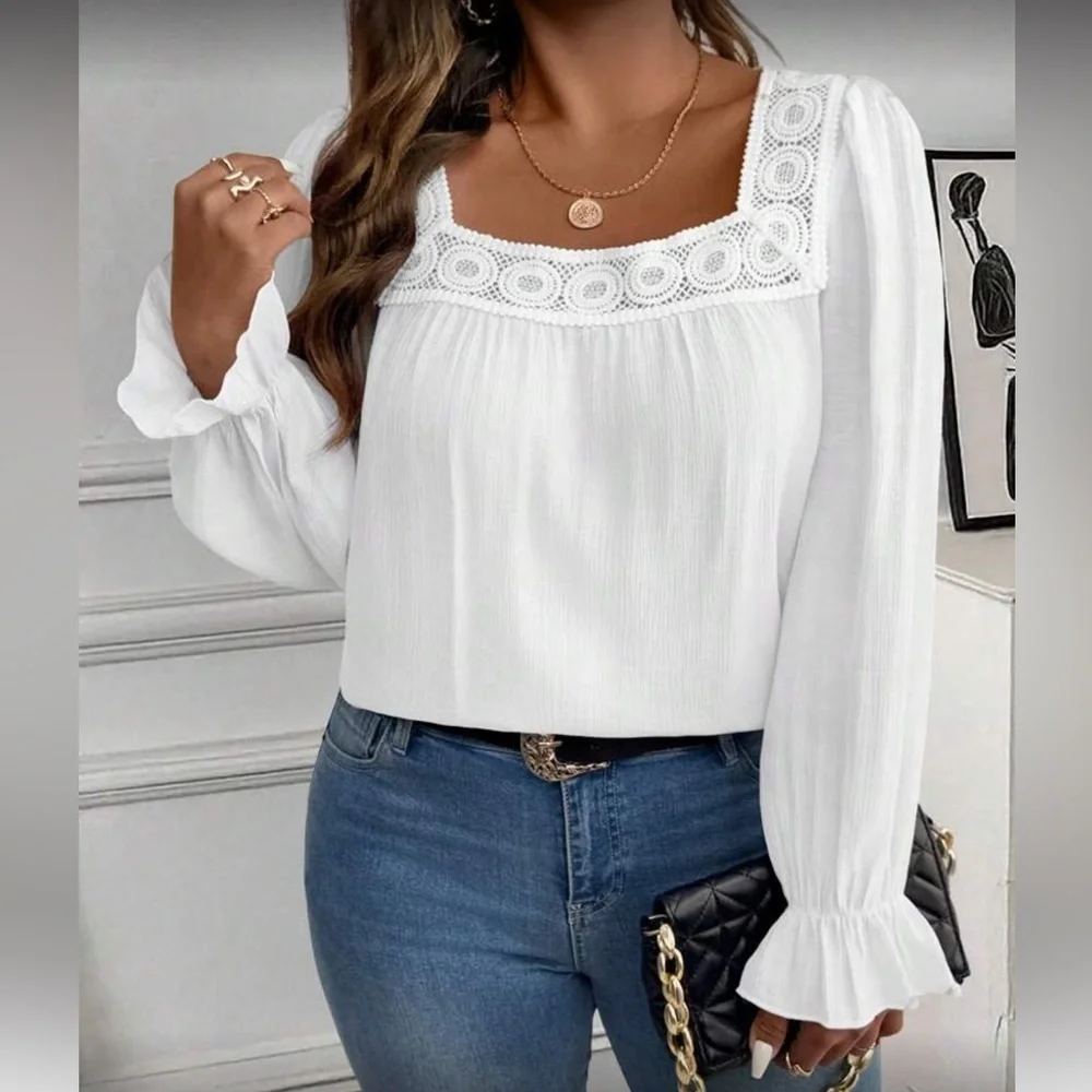 Elegant White  Lace Trim Women's Top